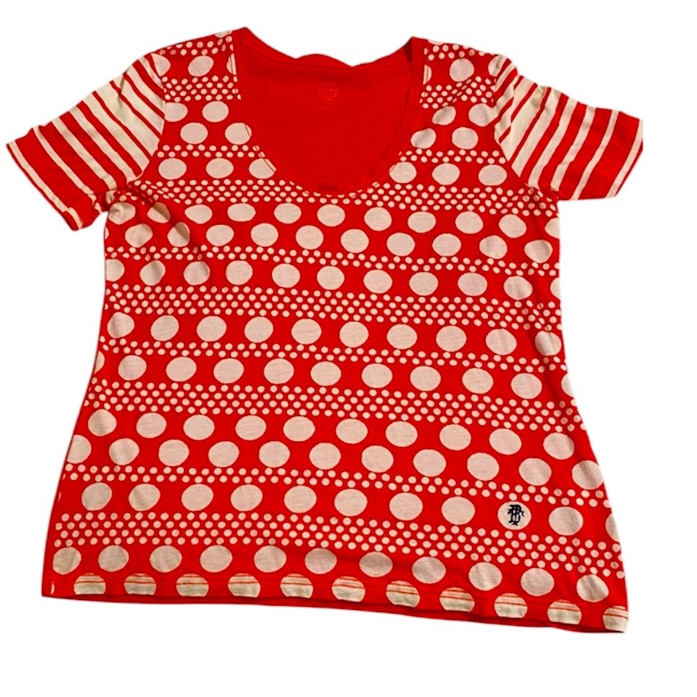 Tory Burch Karin Poppy Red Darby Scoop Neck Short Sleeve Polka Dot Tee - XL